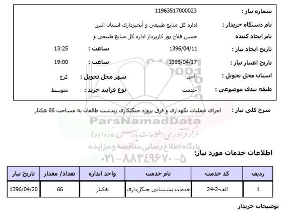 استعلام اجرای عملیات نگهداری و قرق پروژه جنگلکاری زیدشت طالقان به مساحت 66 هکتار