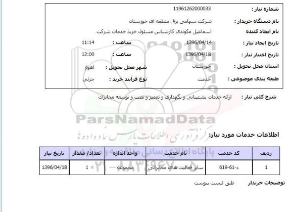 استعلام ارائه خدمات پشتیبانی و نگهداری و تعمیر و نصب و توسعه مخابرات