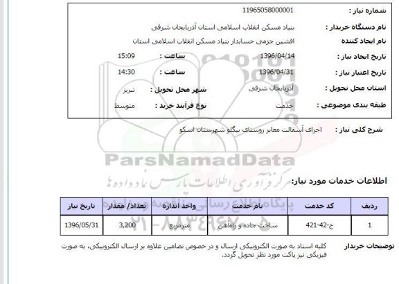 استعلام اجرای آسفالت معابر روستای بیگلو