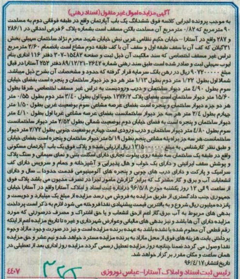 مزایده ,مزایده  یک باب آپارتمان واقع در طبقه فوقانی به مساحت 90 مترمربع 