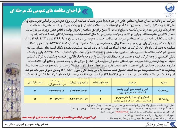 فراخوان  اجرای شبکه جمع آوری و نصب انشعابات فاضلاب شهر رزن  ...