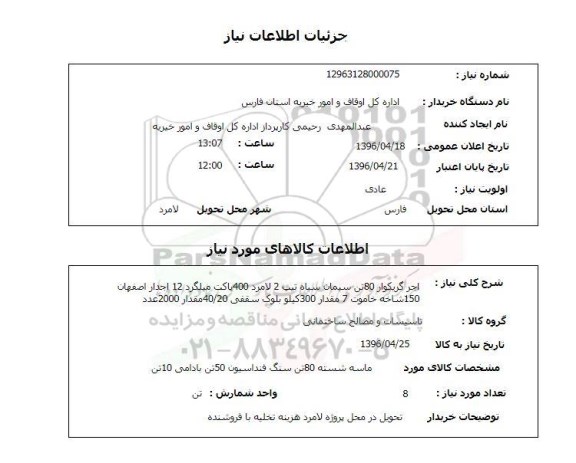 استعلام, استعلام اجرا گریکوار 80 تن سیمان سیاه