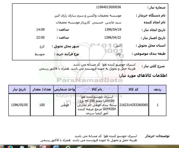 استعلام, استعلام اسپری خوشبو کننده هوا 