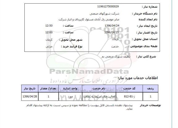 استعلام تنظیف شهرک صنعتی بم 