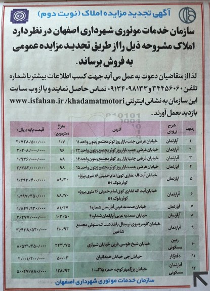 مزایده,مزایده فروش املاک آپارتمان زمین و دفتر کار نوبت دوم