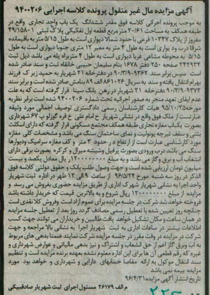 مزایده,مزایده ششدانگ یکباب واحد تجاری مساحت 20.61متر