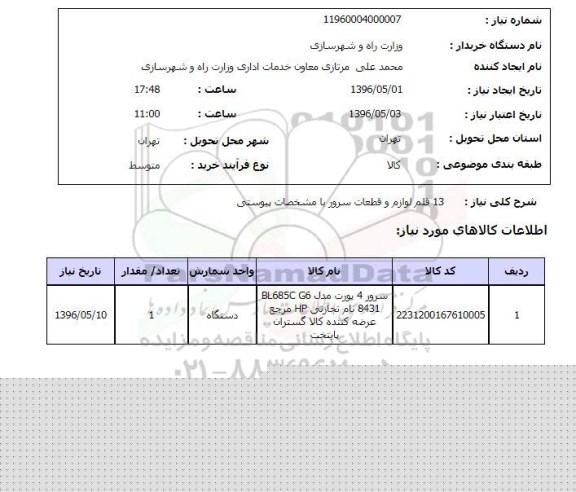 استعلام , استعلام  13 قلم لوازم و قطعات سرور 