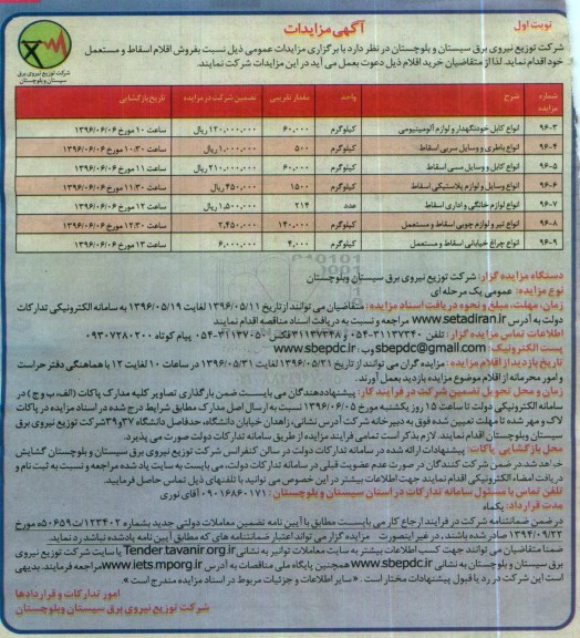 آگهی مزایده،مزایدات انواع کابل خودنگهدار و لوازم آلومینیومی  .. 