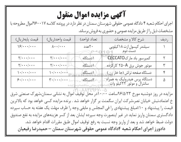 مزایده, مزایده سیلندر کپسول ازت 18 کیلویی....