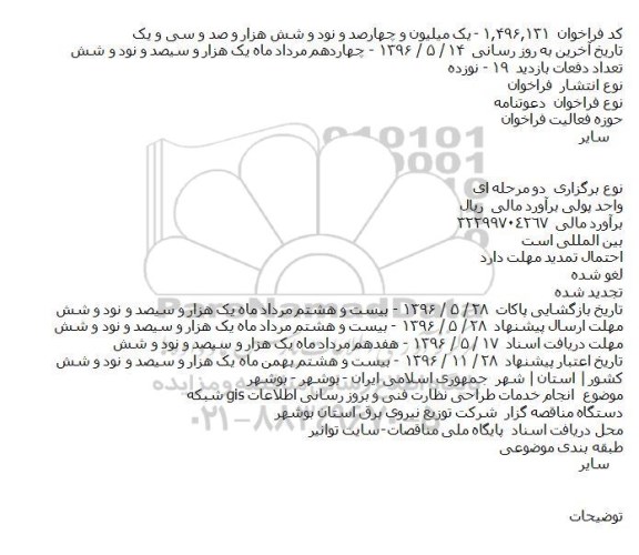 فراخوان، فراخوان انجام خدمات طراحی نظارت فنی و بروز رسانی اطلاعات gis شبکه  