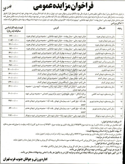 فراخوان مزایده عمومی، مزایده اجاره اماکن ورزشی تحت پوشش