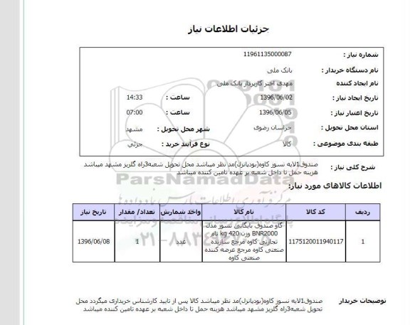 استعلام, استعلام صندوق 1 لایه نسوز کاوه