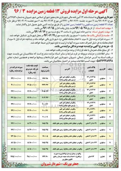 مزایده فروش سیزده قطعه زمین 