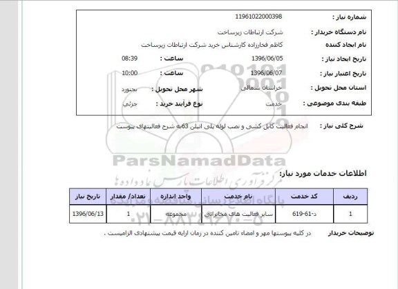 استعلام , استعلام کابل کشی و نصب لوله پلی اتیلن 63 ...