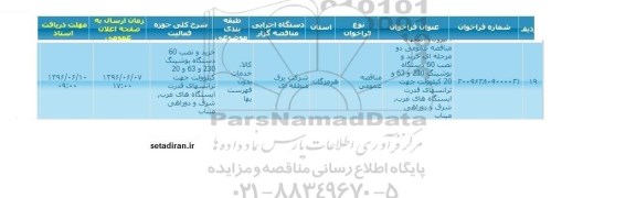 مناقصه عمومی دومرحله ای خرید و نصب 60 دستگاه بوشینگ 230 و 63 و 20 کیلوولت جهت ترانسهای قدرت