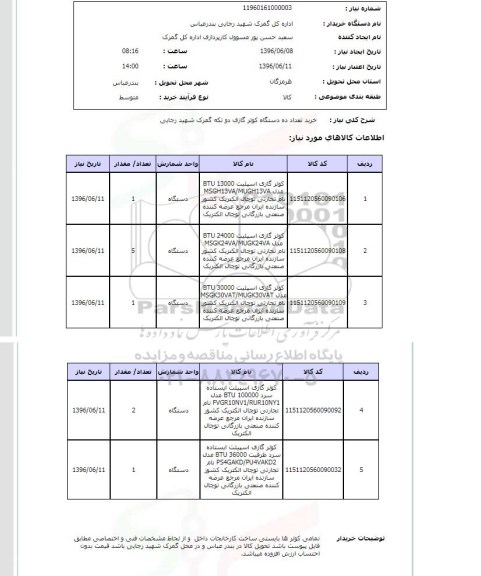 استعلام, استعلام  خرید تعداد ده دستگاه کولر گازی دو تکه 