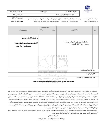 استعلام بهاء, استعلام تامین ملزومات و اجرای طرح فیبیر نوری FTTH گمیشان