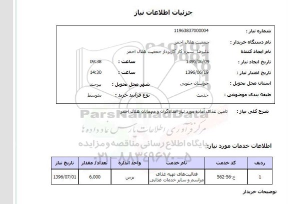 استعلام تامین غذای آماده