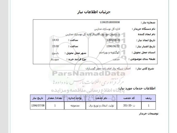 استعلام, استعلام احداث شبکه برق امامزاده جعفر گچساران 