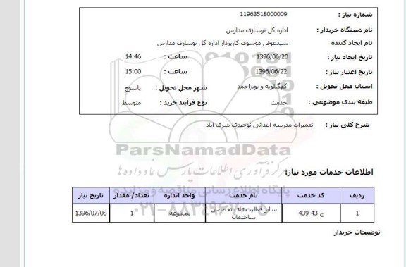 استعلام, استعلام تعمیرات مدرسه ابتدایی