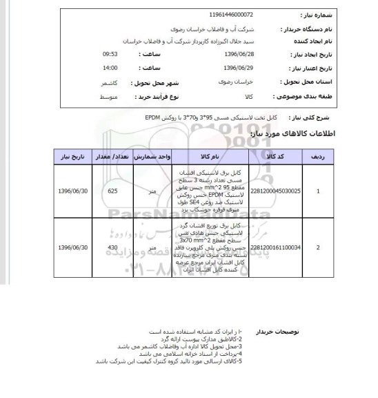 استعلام, استعلام کابل تخت لاستیکی مسی