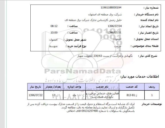 استعلام نگهبانی و حراست از پست 230/63 کیلوولت مهیار