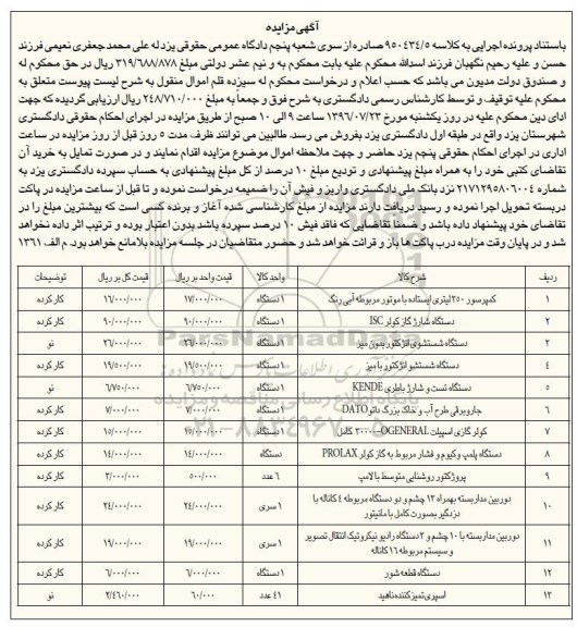 آگهی مزایده, مزایده کمپرسور 350 لیتری ایستاده - دستگاه شارژ گاز کولر ISC و ...