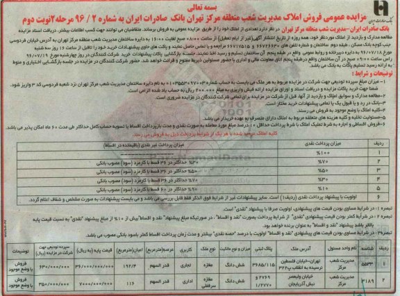 مزایده,مزایده املاک کاربری تجاری اداری 192.4 و 116متر نوبت دوم 