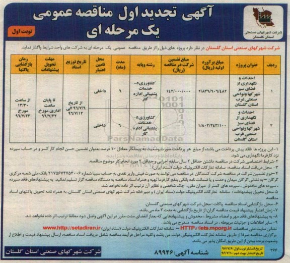 آگهی تجدید مناقصه عمومی یک مرحله ای ، مناقصه احداث و نگهداری از فضای سبز شهرکها و نواحی صنعتی تجدید