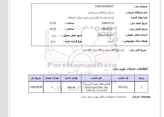 استعلام، استعلام بازسازی اتاق باتری و UPS مرکز SC1 