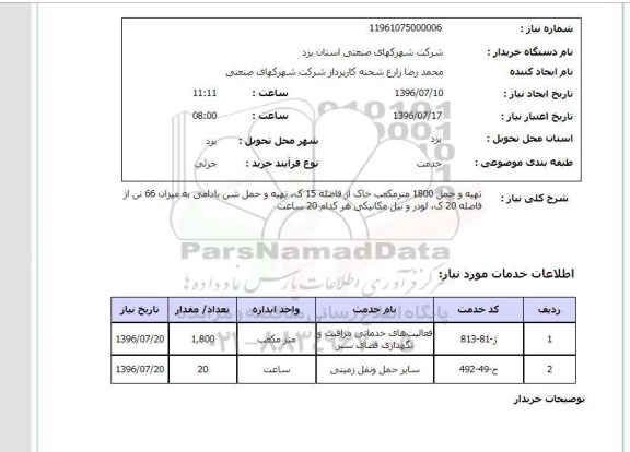 استعلام , استعلام تهیه و حمل 1800 مترمکعب خاک