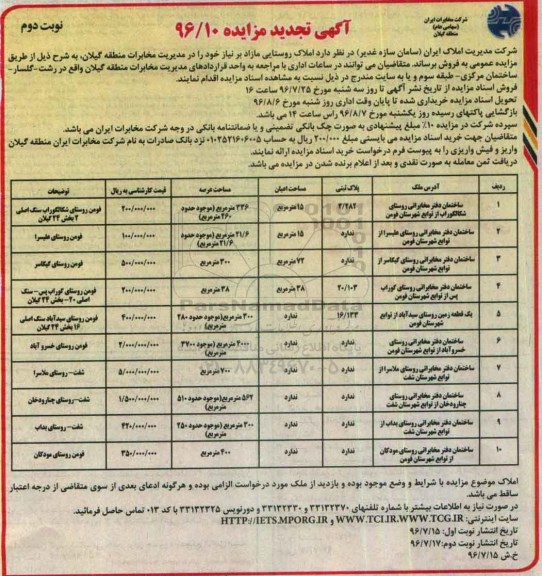 مزایده,مزایده فروش املاک روستایی مازاد بر نیاز نوبت دوم