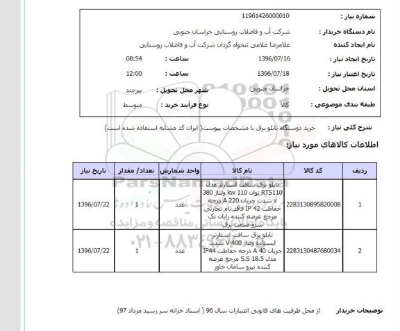 استعلام , استعلام خرید دو دستگاه تابلو برق