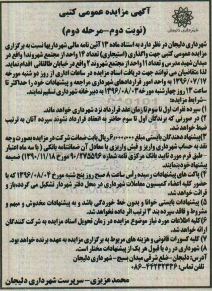 آگهی مزایده عمومی, مزایده واگذاری استیجاری تعداد 14 واحد تجاری مجتمع مرحله دوم 