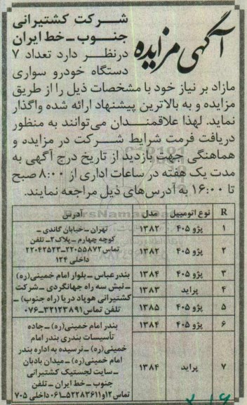 آگهی مزایده, مزایده فروش تعداد 7 دستگاه خودرو سواری مازاد بر نیاز