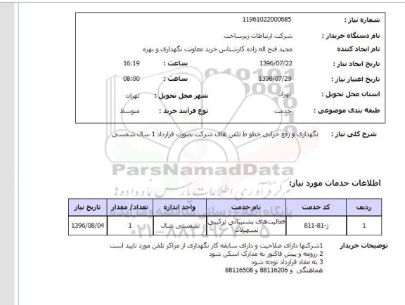 استعلام, استعلام نگهداری و رفع خرابی خطوط تلفن های شرکت