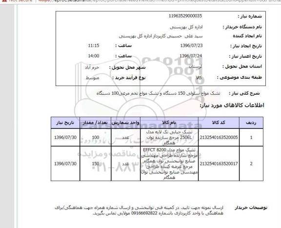 استعلام, استعلام تشک مواج سلولی 150 دستگاه و تشک مواج تخم مرغی 100 دستگاه