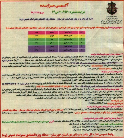 مزایده , مزایده فروش پنج دستگاه خودرو سبک و سنگین مازاد