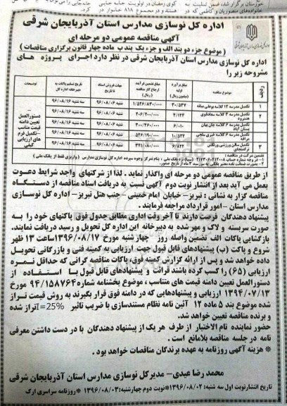 آگهی مناقصه عمومی, مناقصه تکمیل مدرسه 12 کلاسه و ...