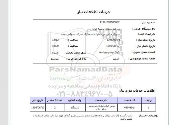 استعلام, استعلام سایر فعالیتهای تخصصی ساختمان