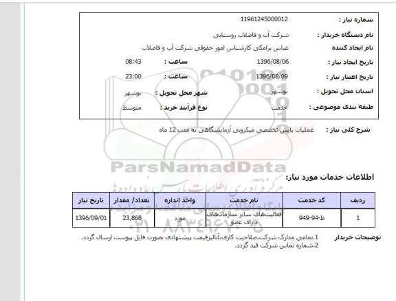 استعلام ,استعلام عملیات پایش تخصصی میکروبی آزمایشگاهی 