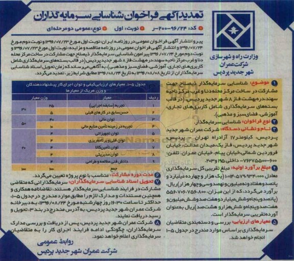 تمدید آگهی فراخوان شناسایی سرمایه گذاران، تمدید فراخوان مشارکت در ساخت مرکز محله دنا و غرب مرکز ناحیه سهند 