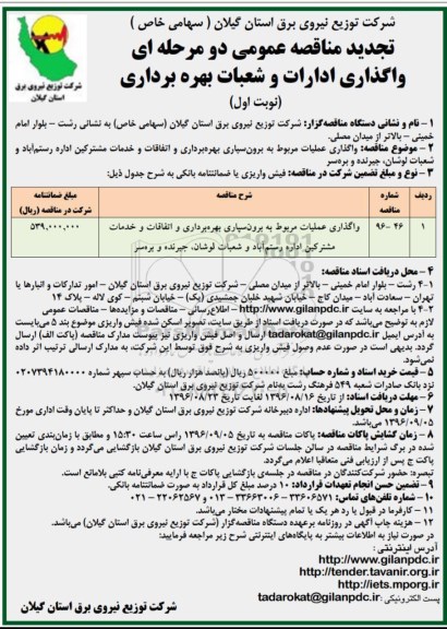 تجدید مناقصه عمومی, مناقصه واگذاری عملیات مربوط به برون سپاری بهره برداری و اتفاقات و خدمات مشترکین