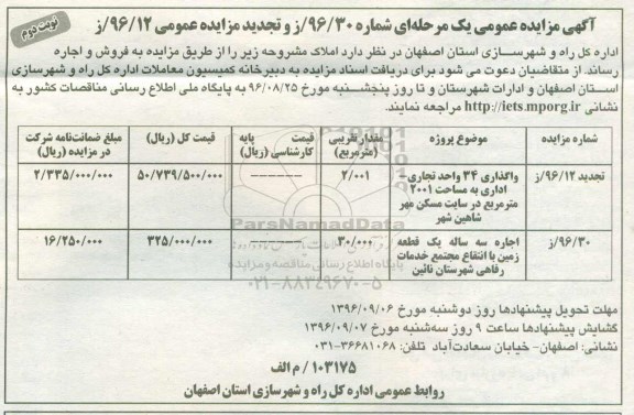 آگهی مزایده عمومی و تجدید مزایده عمومی، تجدید واگذاری 34 واحد تجاری - اداری به مساحت 2001 ... نوبت دوم 