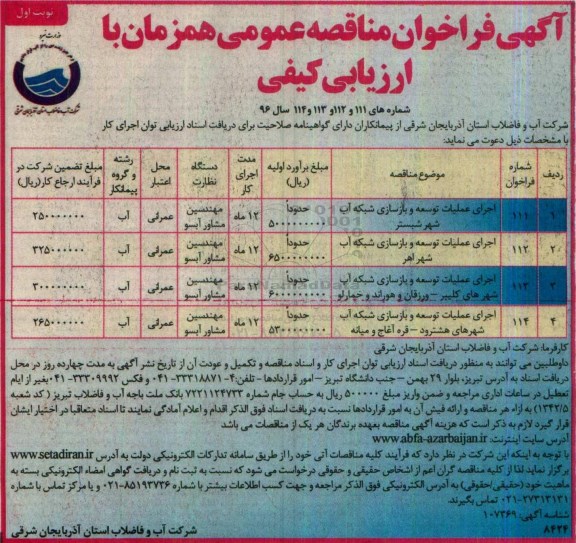 آگهی فراخوان مناقصه عمومی ، فراخوان مناقصه اجرای عملیات توسعه و بازسازی شبکه آب 