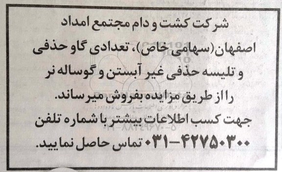 آگهی مزایده, مزایده فروش تعدادی گاو حذفی و تلیسه حذفی غیرآبستن و گوساله نر