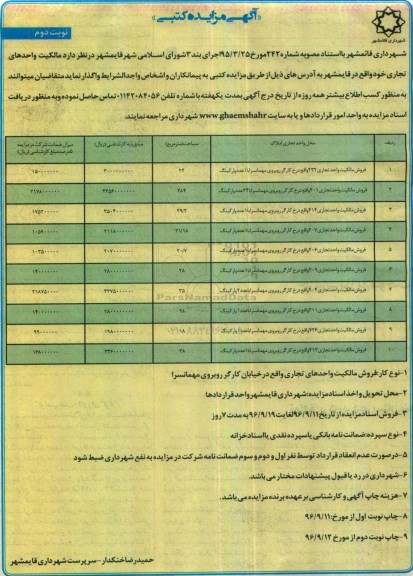 مزایده,مزایده واگذاری مالکیت واحدهای تجاری نوبت دوم