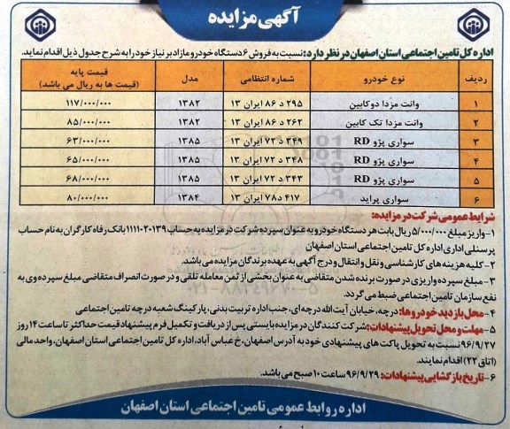 مزایده,مزایده فروش 6 دستگاه خودرو مازاد بر نیاز