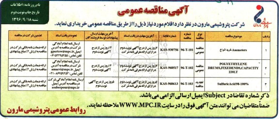 مناقصه, مناقصه خرید انواع AMMETERS ... نوبت دوم