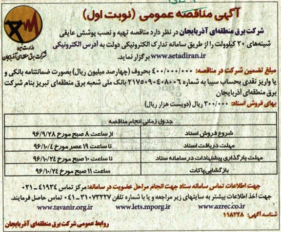 مناقصه عمومی, مناقصه تهیه و نصب پوشش عایقی شینه های 20 کیلوولت